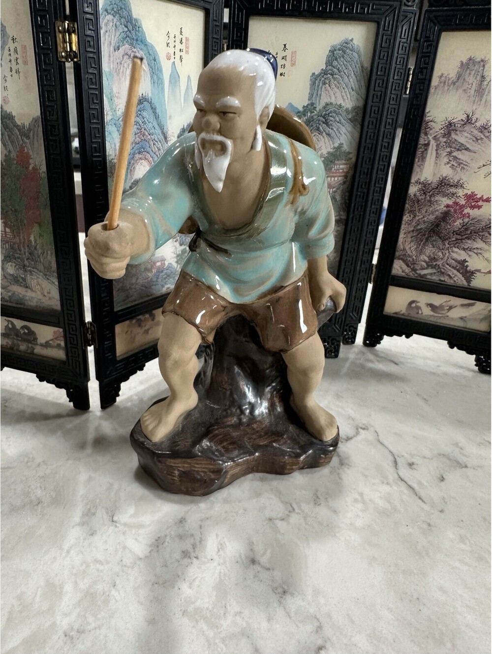 Vintage Chinese Shiwan Mudman Fisherman,  hand-sculptured glazed pottery 6.50”